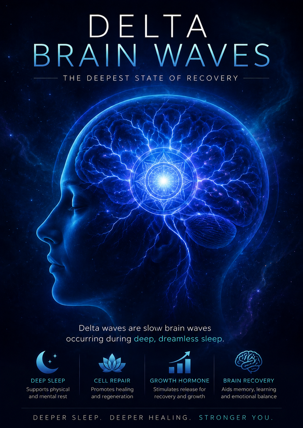 Illustration of a glowing brain in profile with delta wave patterns, representing deep sleep recovery