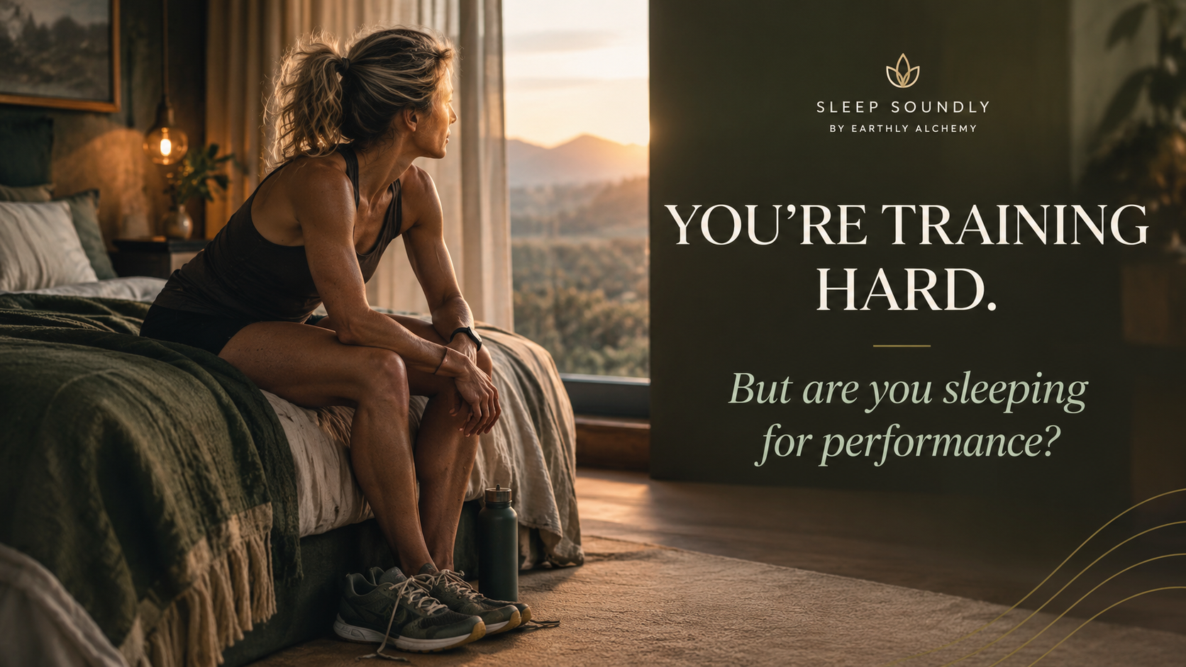An athlete resting beside a bedroom window with Sleep Soundly branding and the words You’re training hard. But are you sleeping for performance?